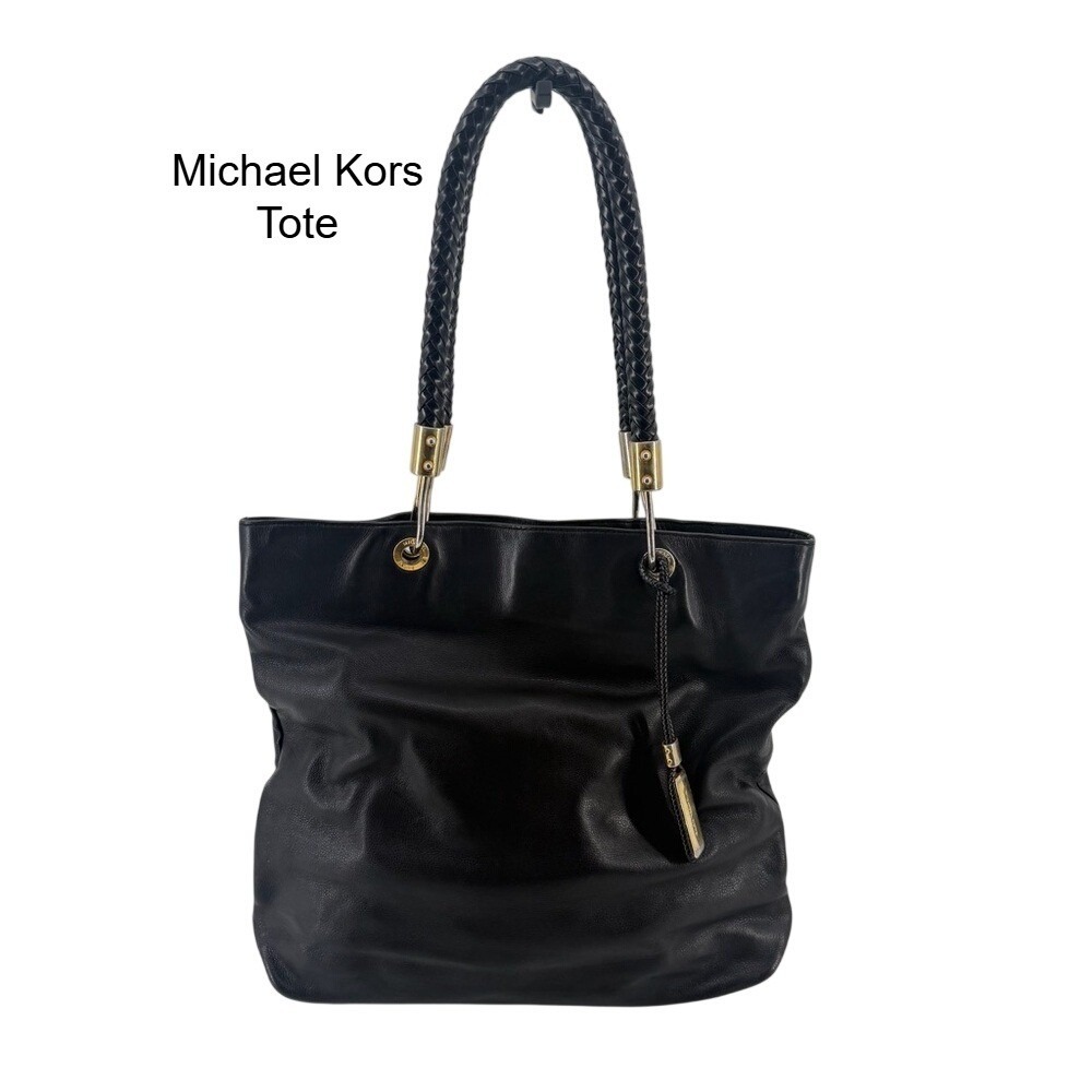 Michael Kors Black Skoropios Leather Tote Bag Braided Straps Gold Hardware Large